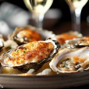 Ostras Gratinadas com Espuma de Champagne. Deliciosas