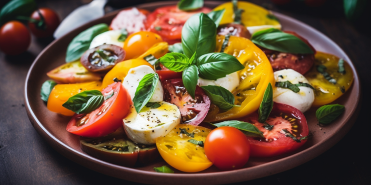 Salada Caprese com Tomates Heirloom e Manjericão