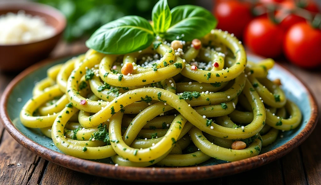 prato de Macarrão ao pesto de manjericão